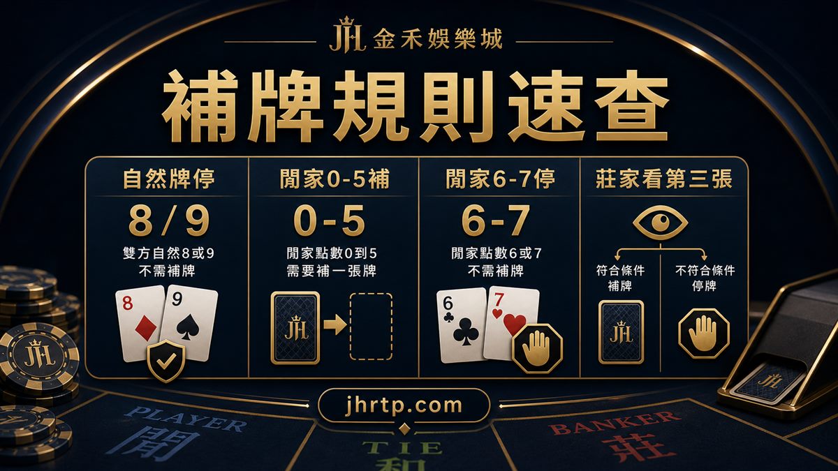 百家樂補牌規則速查：自然牌、閒家0到5補、6到7停、莊家看第三張